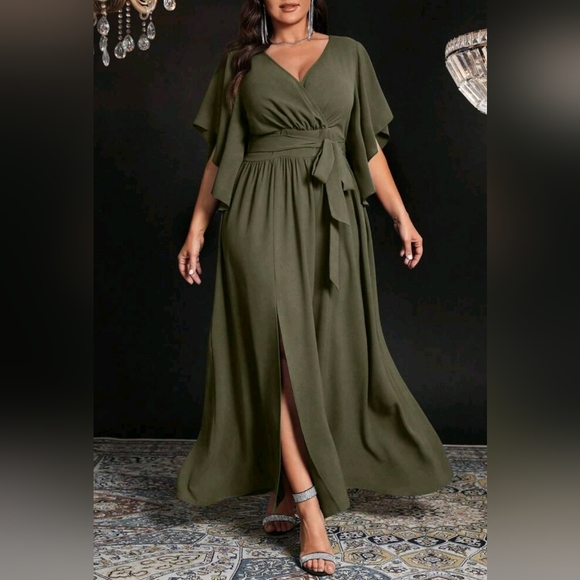 New Flowy Wrap Top Banded Belt Tie Waist Split Maxi Dress PLUS Olive Green - Picture 3 of 9
